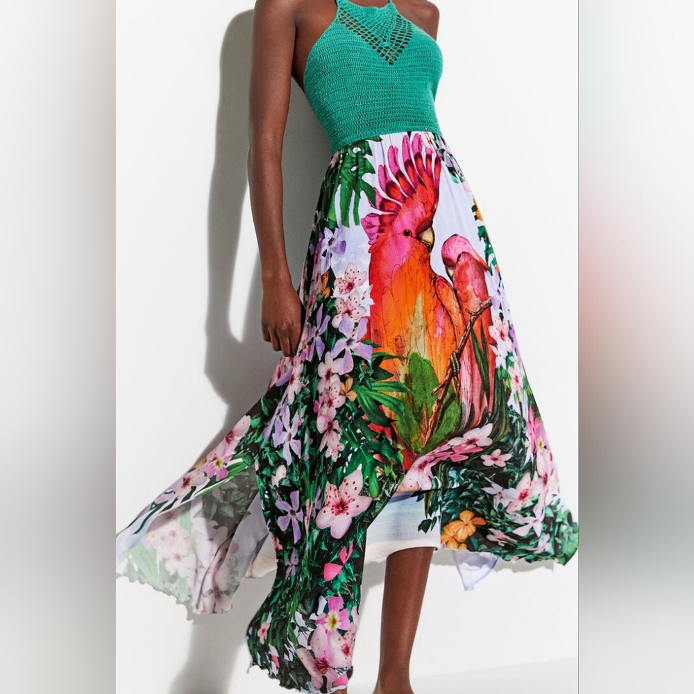 NWT Desigual Women’s Green Crochet Halter Maxi Dress – Size S